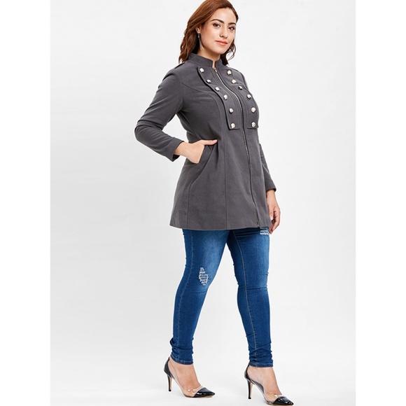 ♠ Dark Gray Plus Size Button Detail Zip Jacket ♠ - Picture 3 of 8